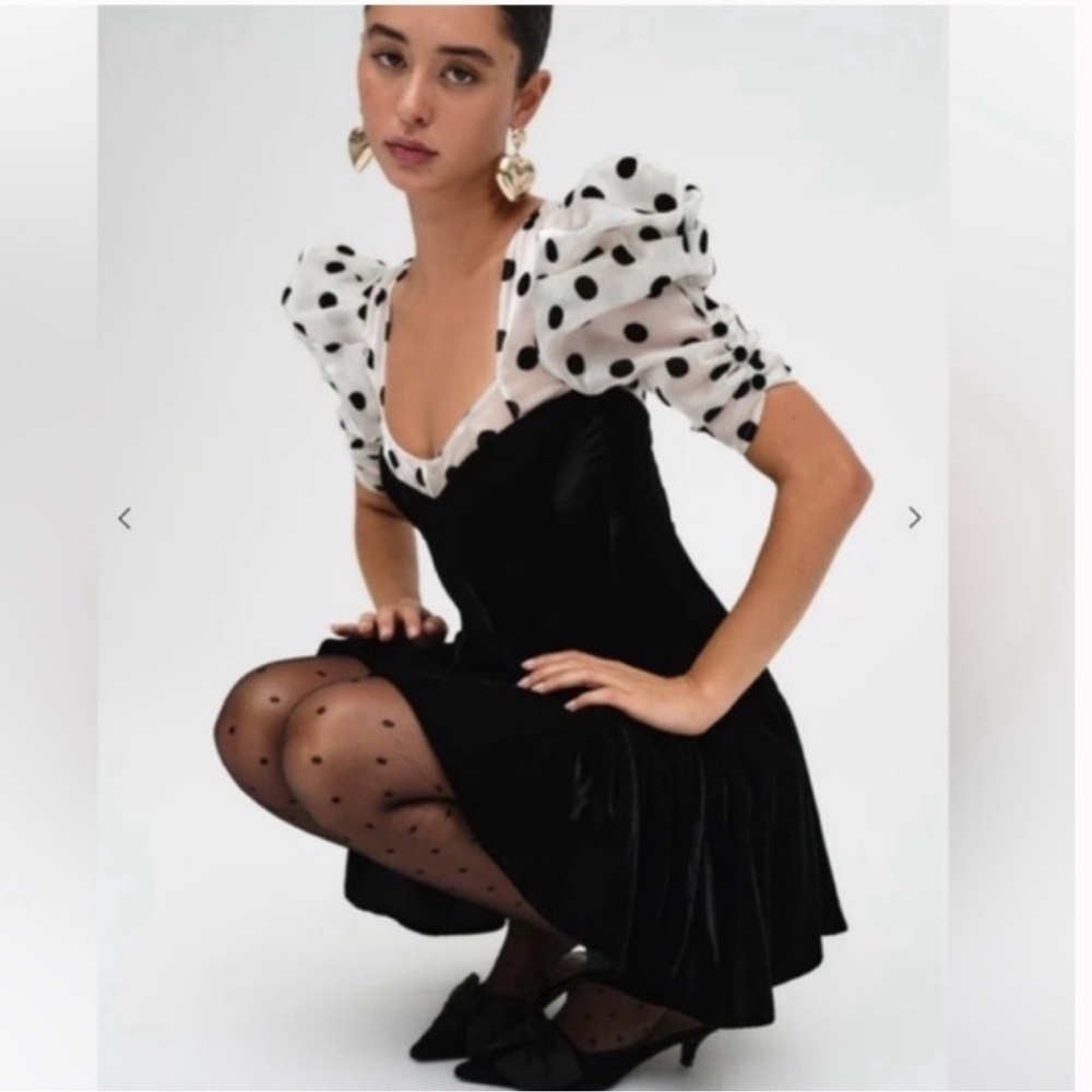 For Love And Lemons Black Dress with White Polka Dot Sleeves